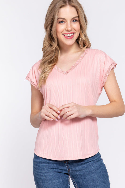 Lace Trim V-Neck Short Sleeve Ribbed Top - PINK / S - Tops & Tees - Shirts & Tops - 1 - 2024