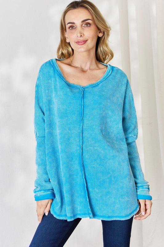 Oversized Waffle Long Sleeve Top - Blue / S/M - Tops & Tees - Shirts & Tops - 1 - 2024