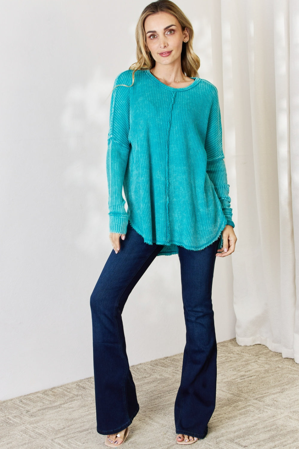 Oversized Washed Waffle Long Sleeve Top - Tops & Tees - Shirts & Tops - 4 - 2024