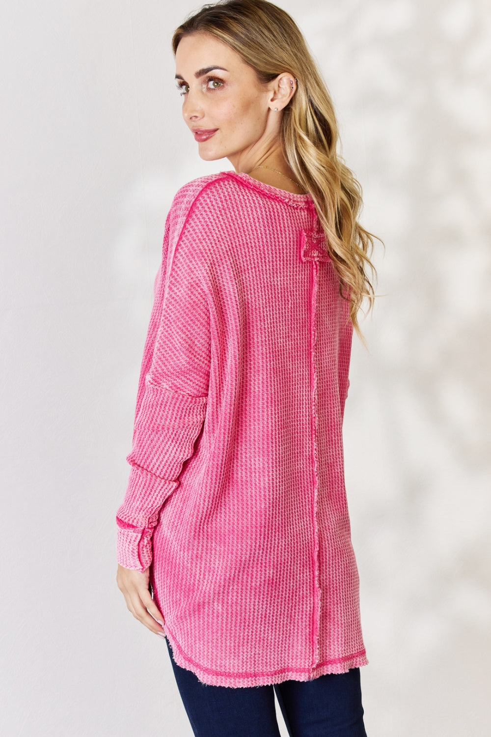 Oversized Washed Waffle Long Sleeve Top - Tops & Tees - Shirts & Tops - 2 - 2024