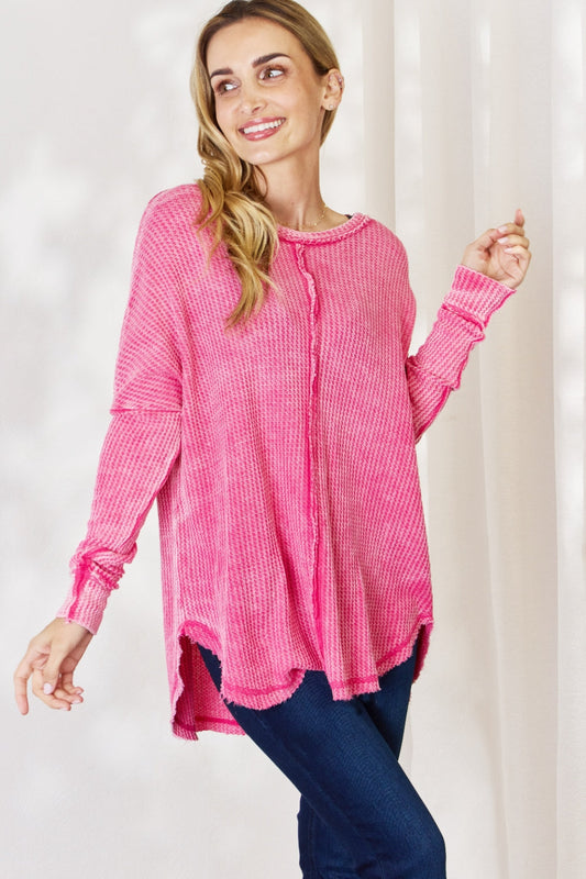 Oversized Washed Waffle Long Sleeve Top - Red-Violet / S/M - Tops & Tees - Shirts & Tops - 1 - 2024