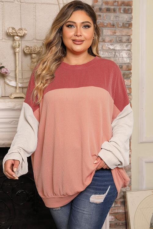 Plus Size Color Block Long Sleeve Top - Coral / 1XL - Tops & Tees - Shirts & Tops - 1 - 2024