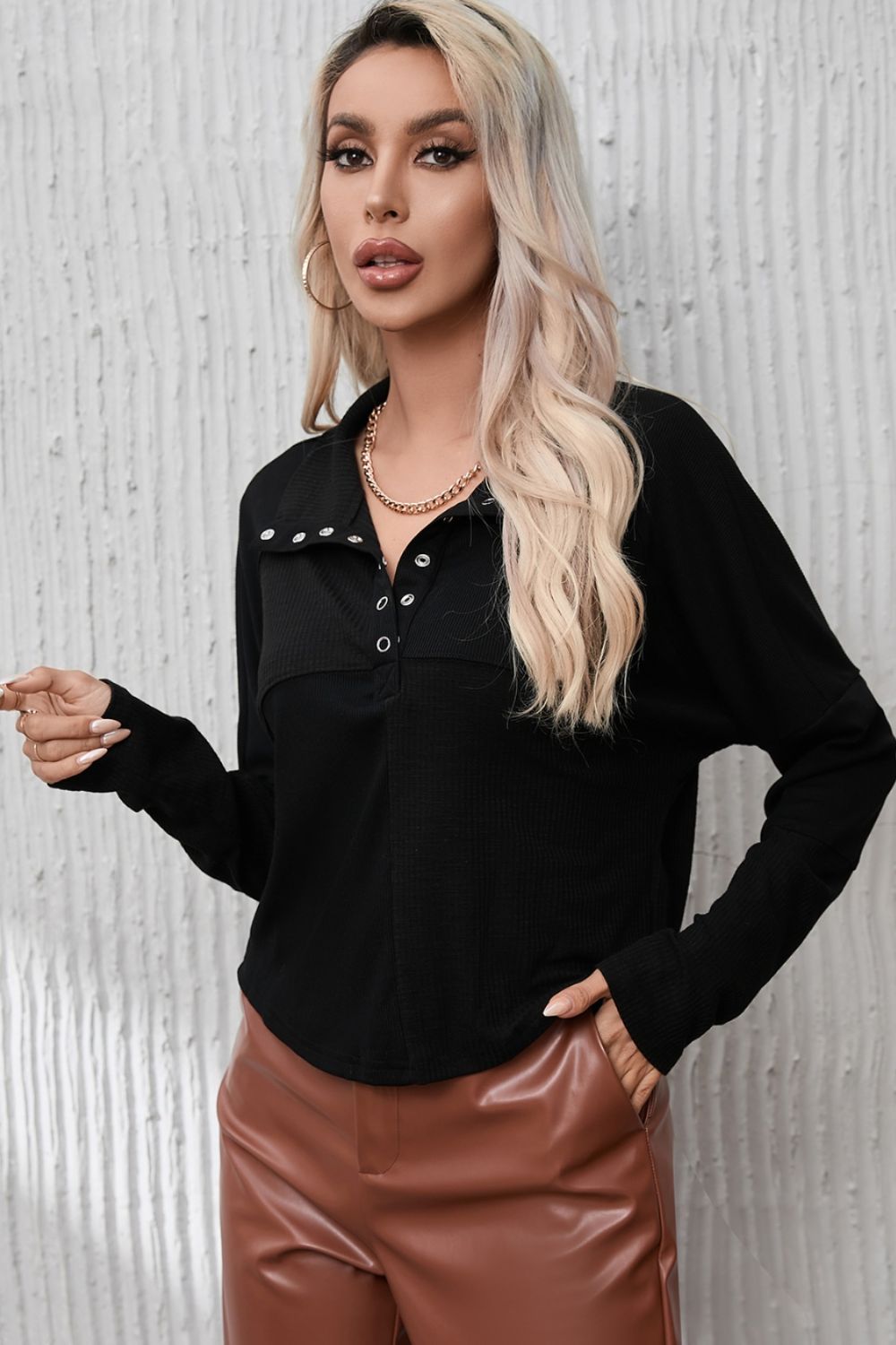 Ribbed Knit Henry Collar Loose Fitting Long Sleeve Top - Tops & Tees - Shirts & Tops - 3 - 2024