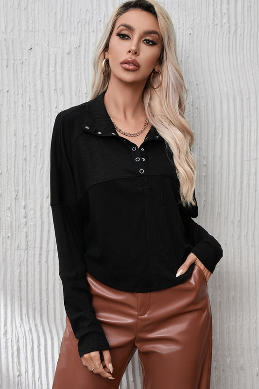 Ribbed Knit Henry Collar Loose Fitting Long Sleeve Top - Black / S - Tops & Tees - Shirts & Tops - 1 - 2024