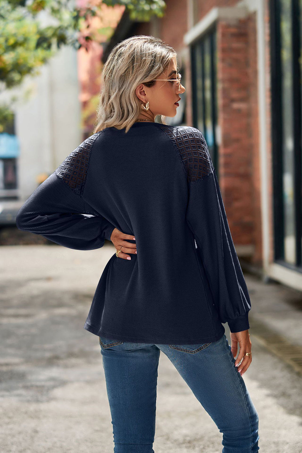 Round Neck Dropped Shoulder Eyelet Top - Tops & Tees - Shirts & Tops - 12 - 2024
