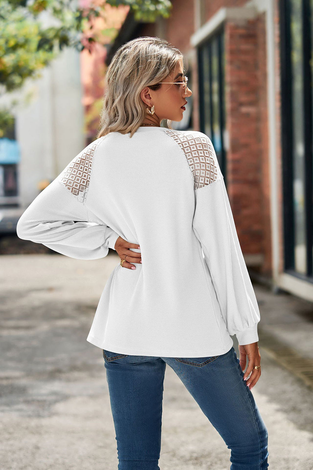 Round Neck Dropped Shoulder Eyelet Top - Tops & Tees - Shirts & Tops - 16 - 2024