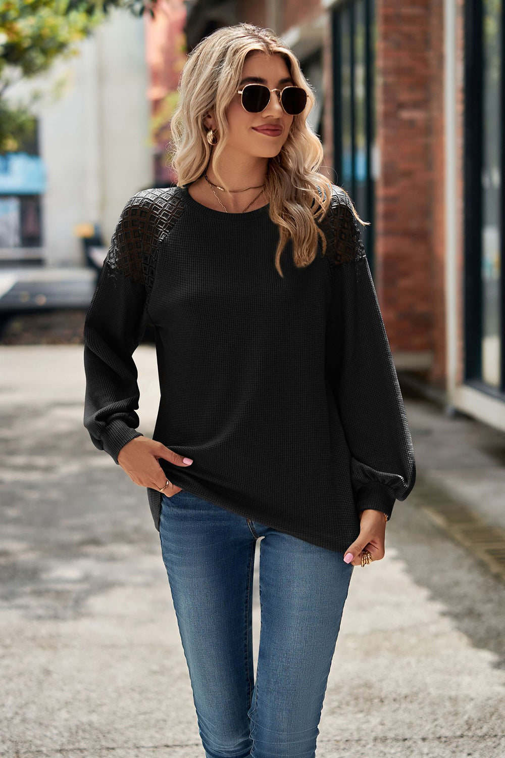 Round Neck Dropped Shoulder Eyelet Top - Tops & Tees - Shirts & Tops - 7 - 2024