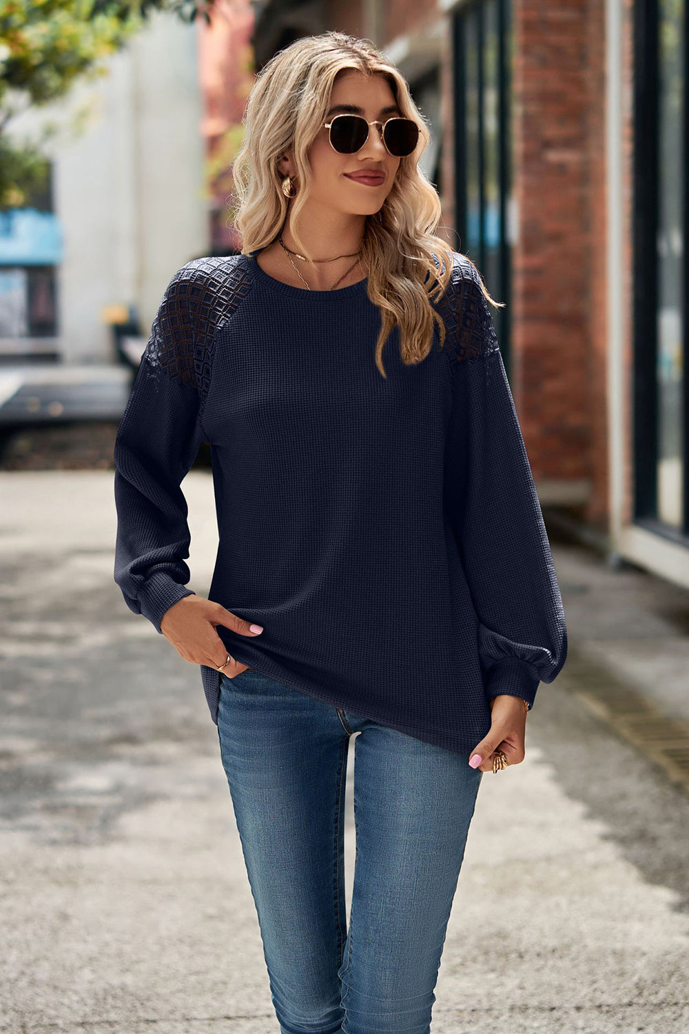 Round Neck Dropped Shoulder Eyelet Top - Tops & Tees - Shirts & Tops - 11 - 2024