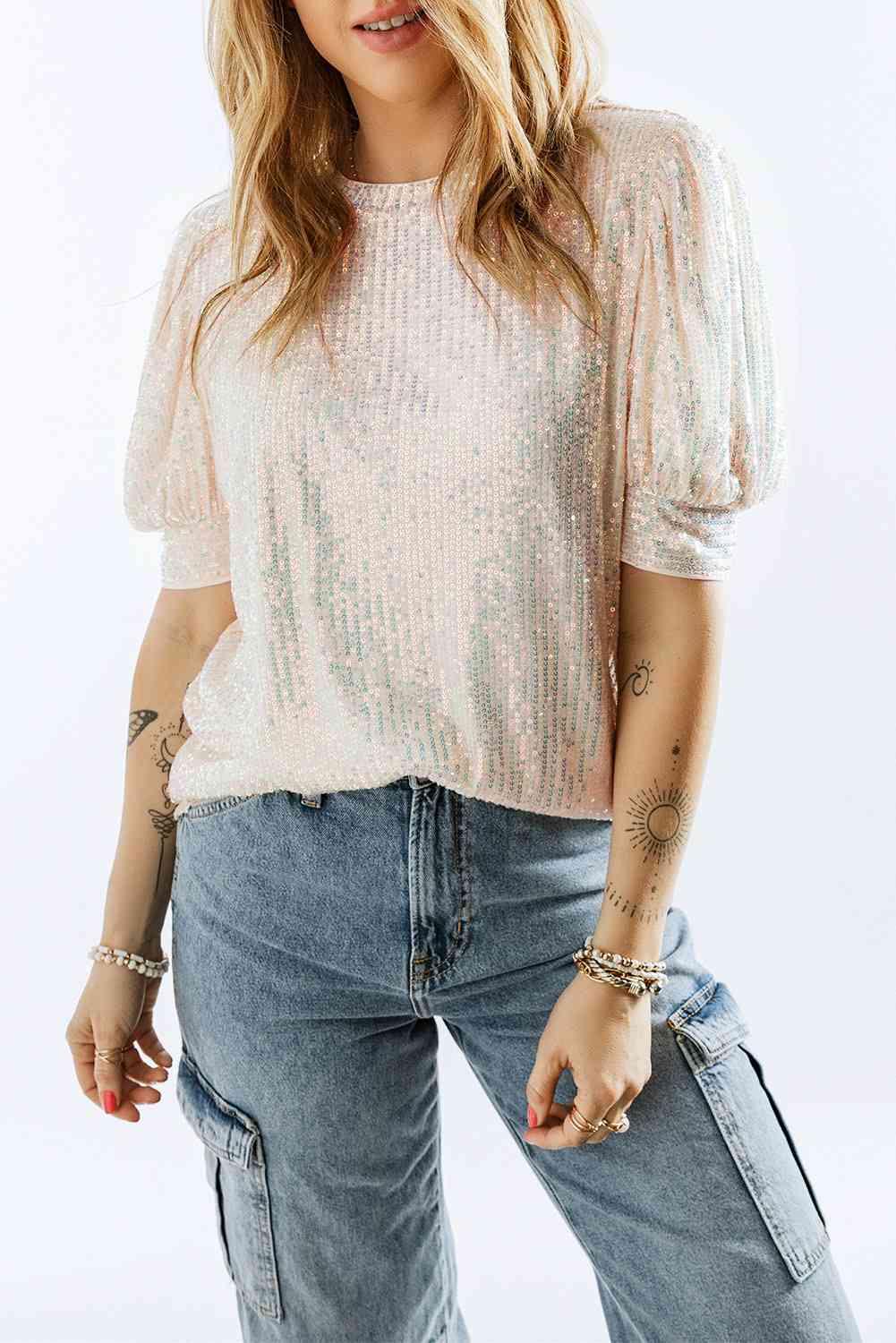 Sequin Round Neck Short Sleeve Top - Ivory / S - Tops & Tees - Shirts & Tops - 1 - 2024