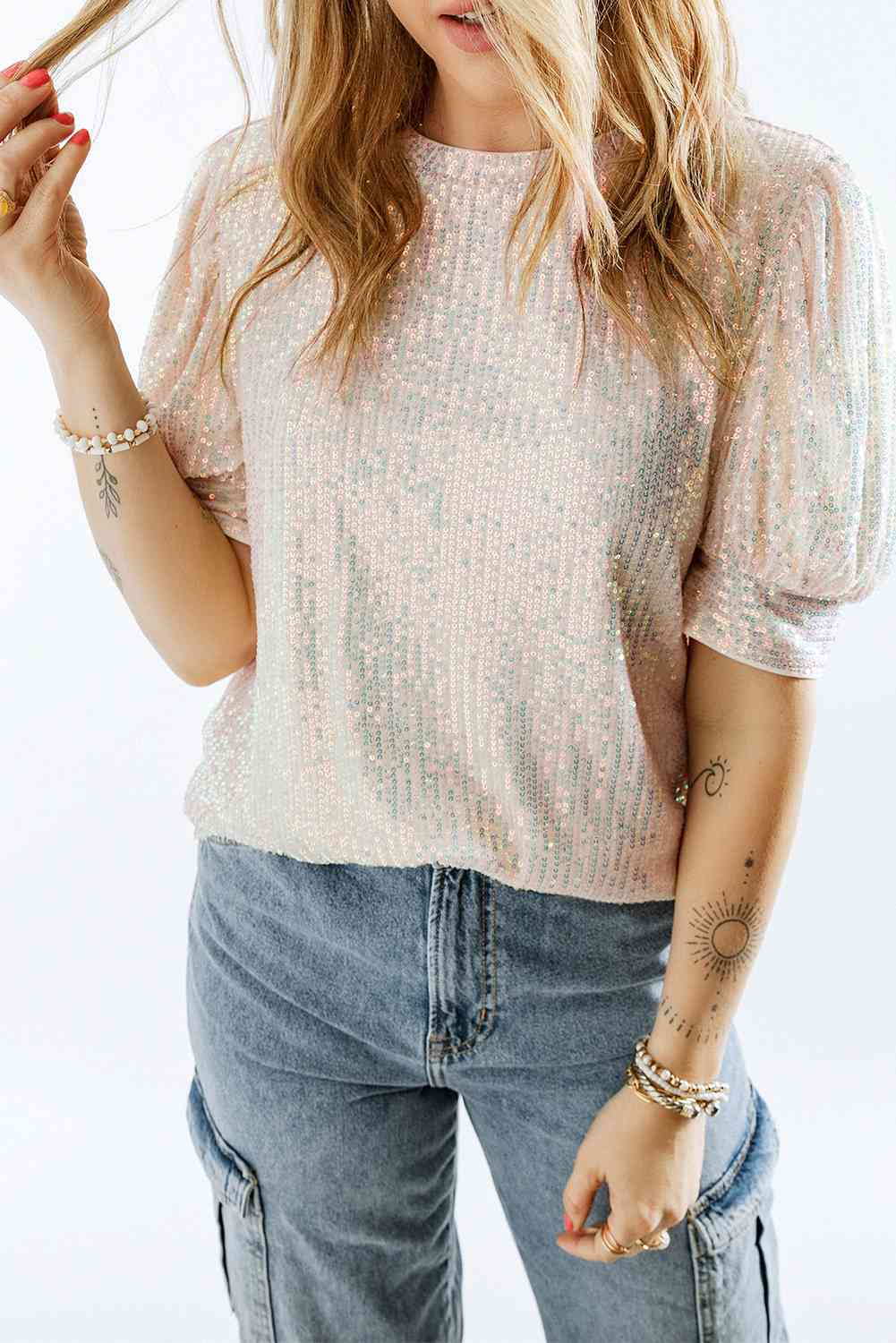 Sequin Round Neck Short Sleeve Top - Tops & Tees - Shirts & Tops - 3 - 2024