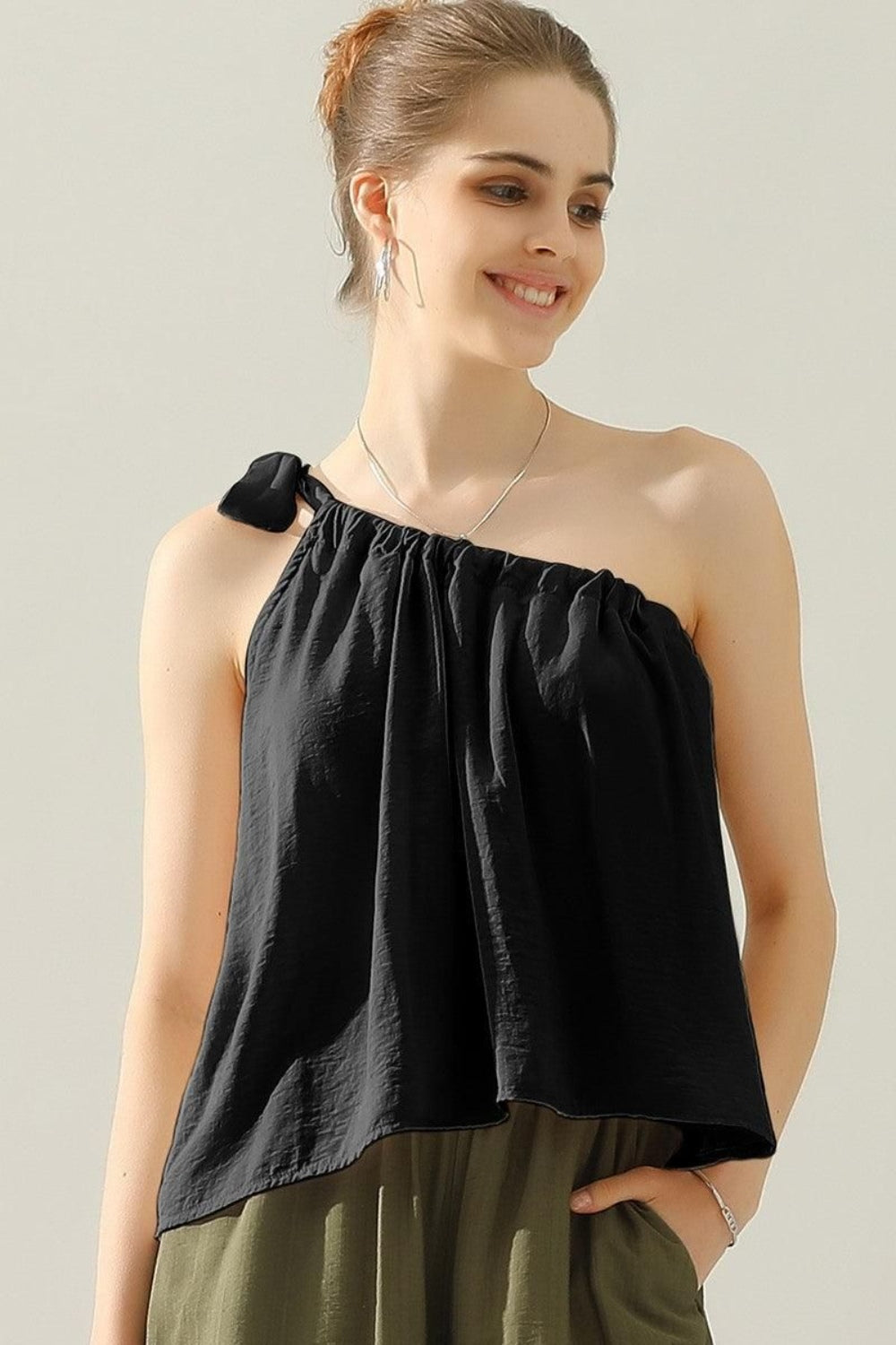 One Shoulder Bow Tie Strap Satin Silk Top - Black / S - Tops & Tees - Shirts & Tops - 1 - 2024