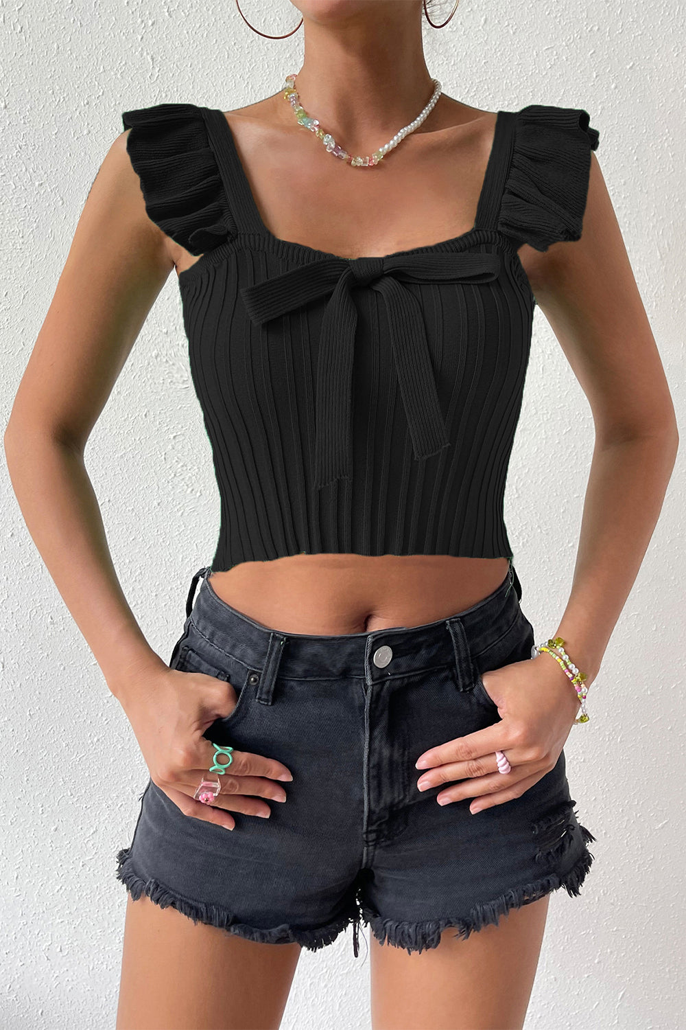 Square Neck Tie Front Knit Top - Black / S - Tops & Tees - Shirts & Tops - 7 - 2024