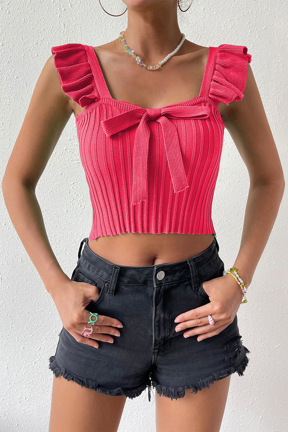 Square Neck Tie Front Knit Top - Pink / S - Tops & Tees - Shirts & Tops - 13 - 2024