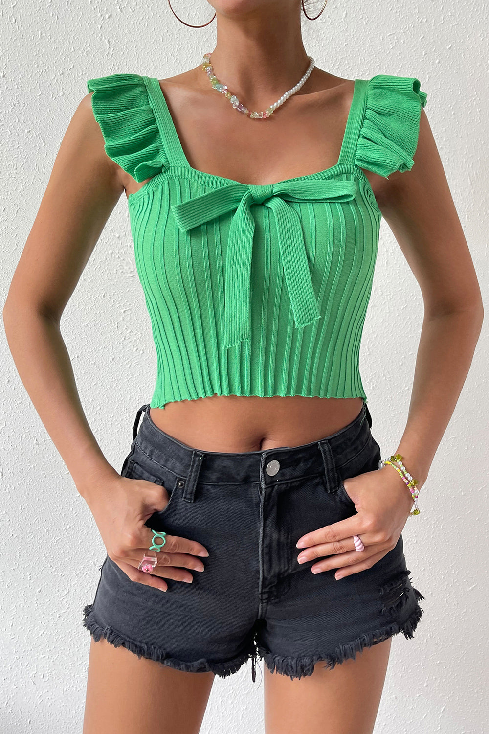 Square Neck Tie Front Knit Top - Green / S - Tops & Tees - Shirts & Tops - 14 - 2024