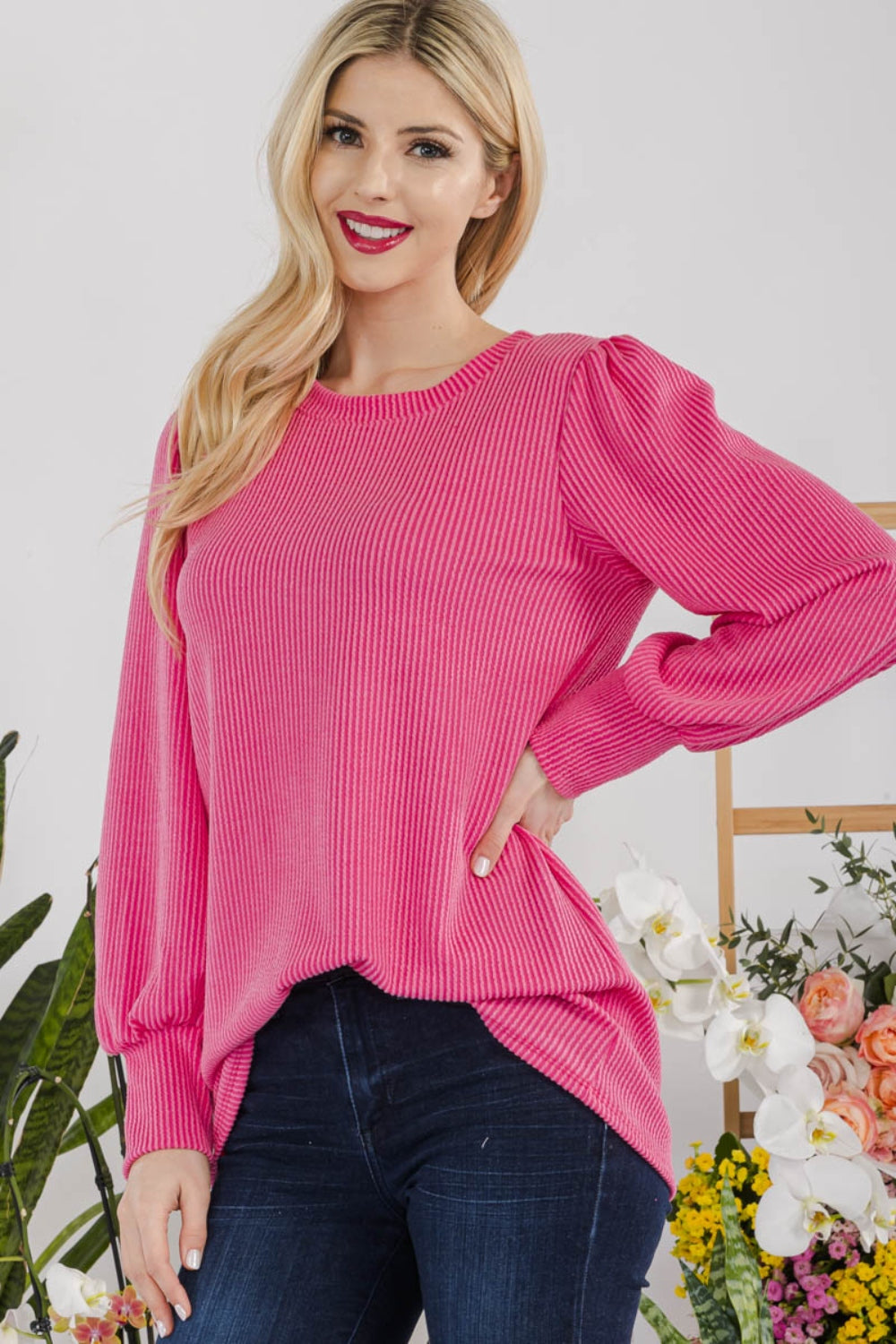Striped Round Neck Lantern Sleeve Top - Pink / S - Tops & Tees - Shirts & Tops - 1 - 2024