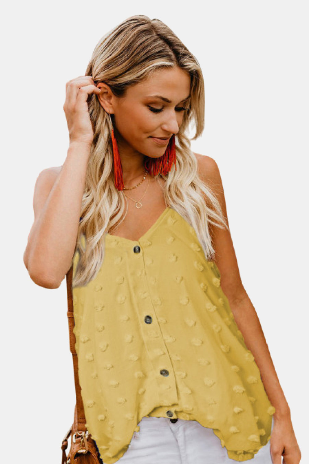 Swiss Dot V-Neck Buttoned Cami - Yellow / S - Tops & Tees - Shirts & Tops - 13 - 2024