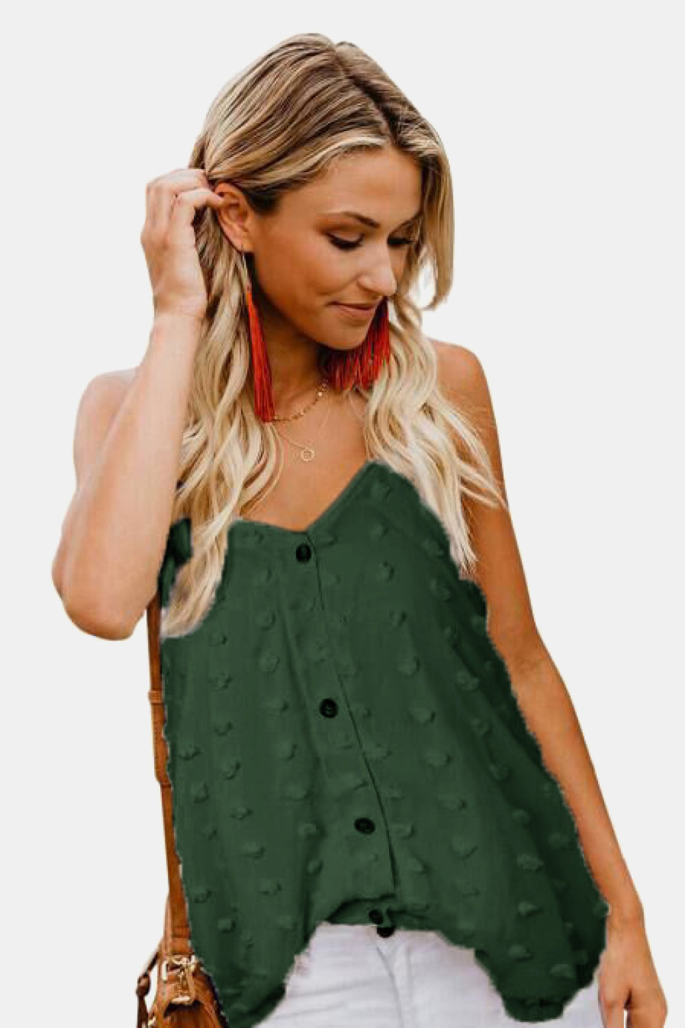 Swiss Dot V-Neck Buttoned Cami - Green / S - Tops & Tees - Shirts & Tops - 16 - 2024