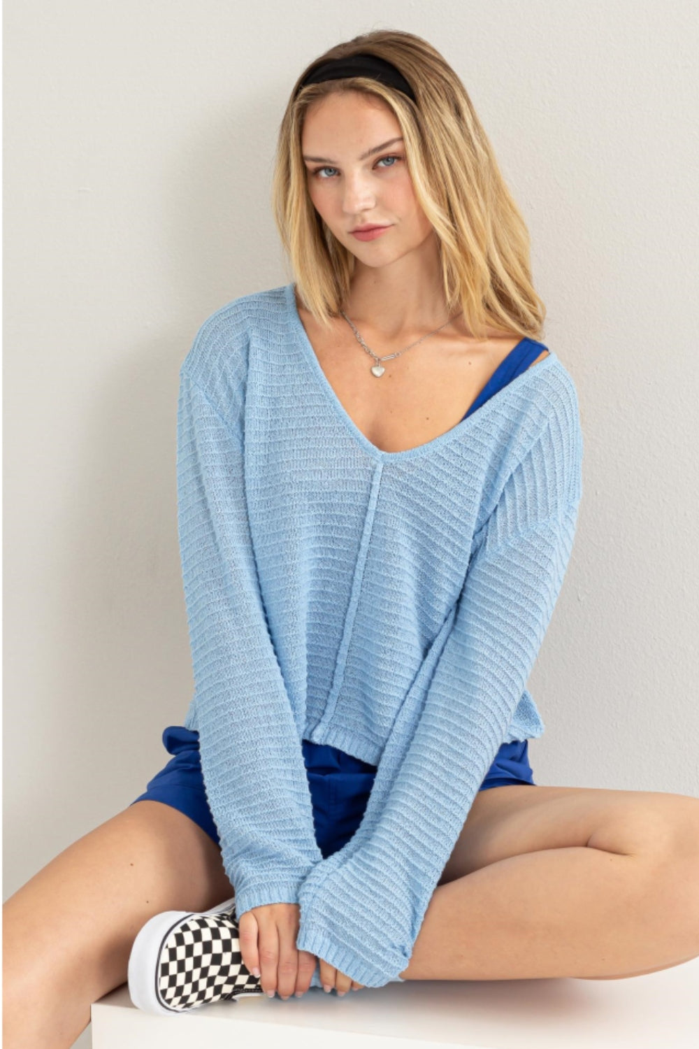 V-Neck Stripe Texture Long Sleeve Top - BABY BLUE / S - Tops & Tees - Shirts & Tops - 1 - 2024
