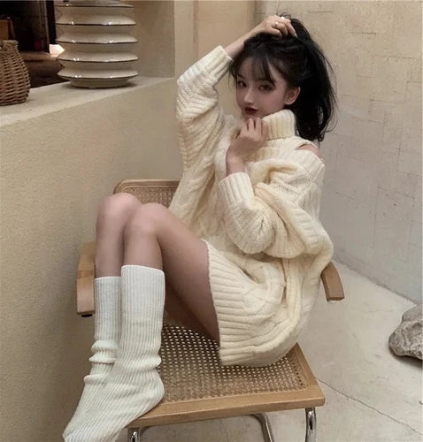 Sexy Off-Shoulder Turtleneck Lolita Oversize Sweater - beige / S - Sweaters - Shirts & Tops - 1 - 2024