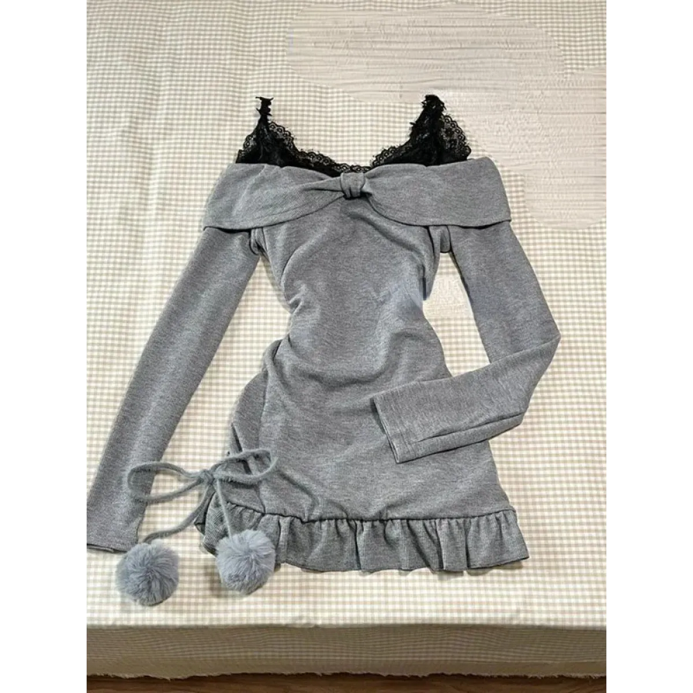 Lace Trim Knit Off-Shoulder Dress Set - All Dresses - Sets / Co-ords - 1