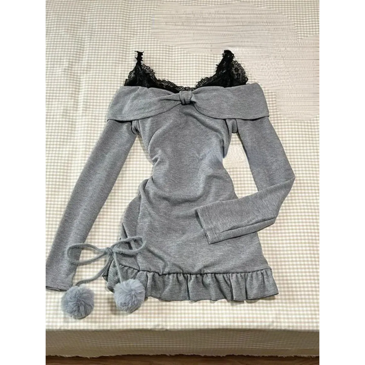 Lace Trim Knit Off-Shoulder Dress Set - All Dresses - Sets / Co-ords - 1