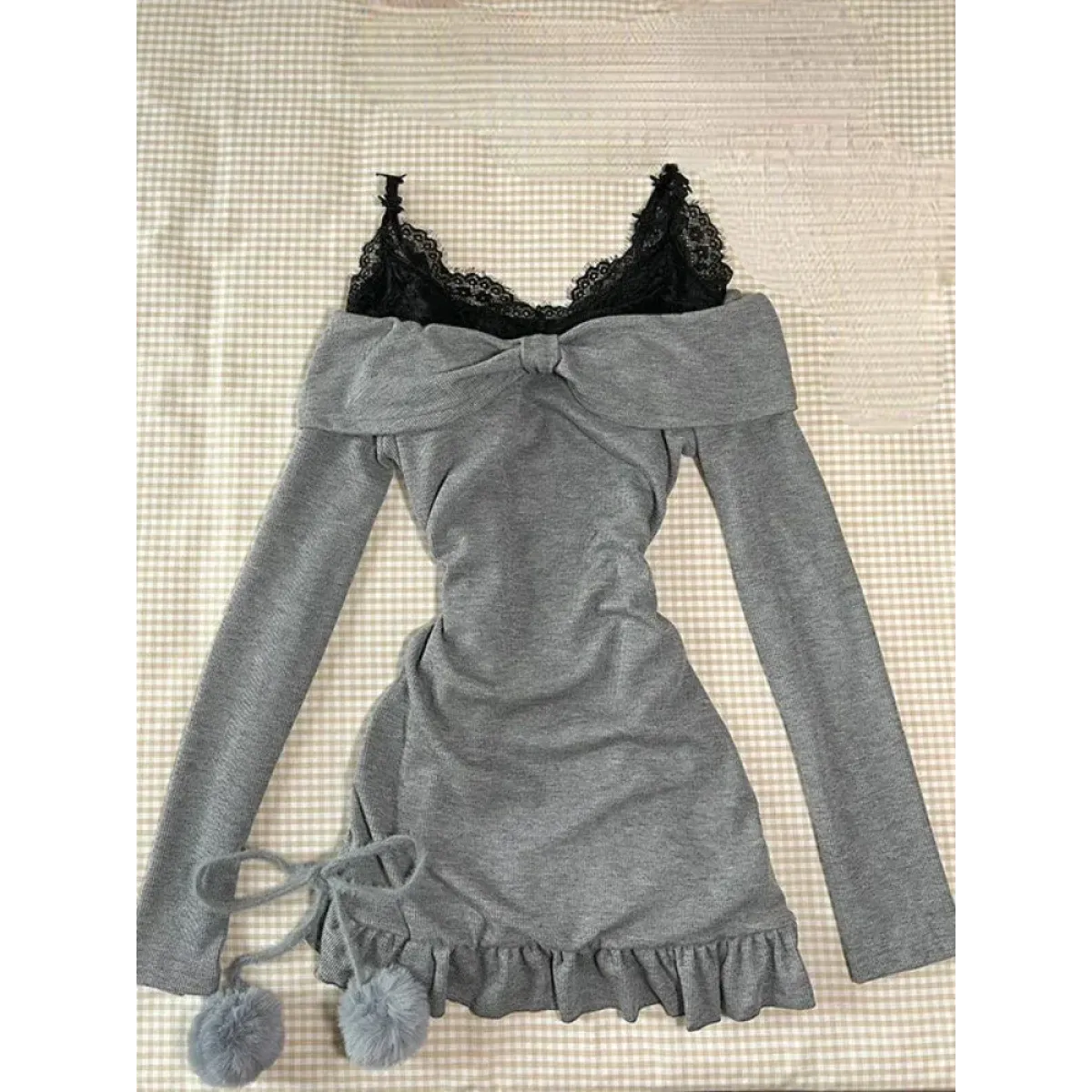 Lace Trim Knit Off-Shoulder Dress Set - All Dresses - Sets / Co-ords - 2