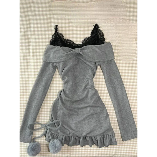 Lace Trim Knit Off-Shoulder Dress Set - All Dresses - Sets / Co-ords - 2