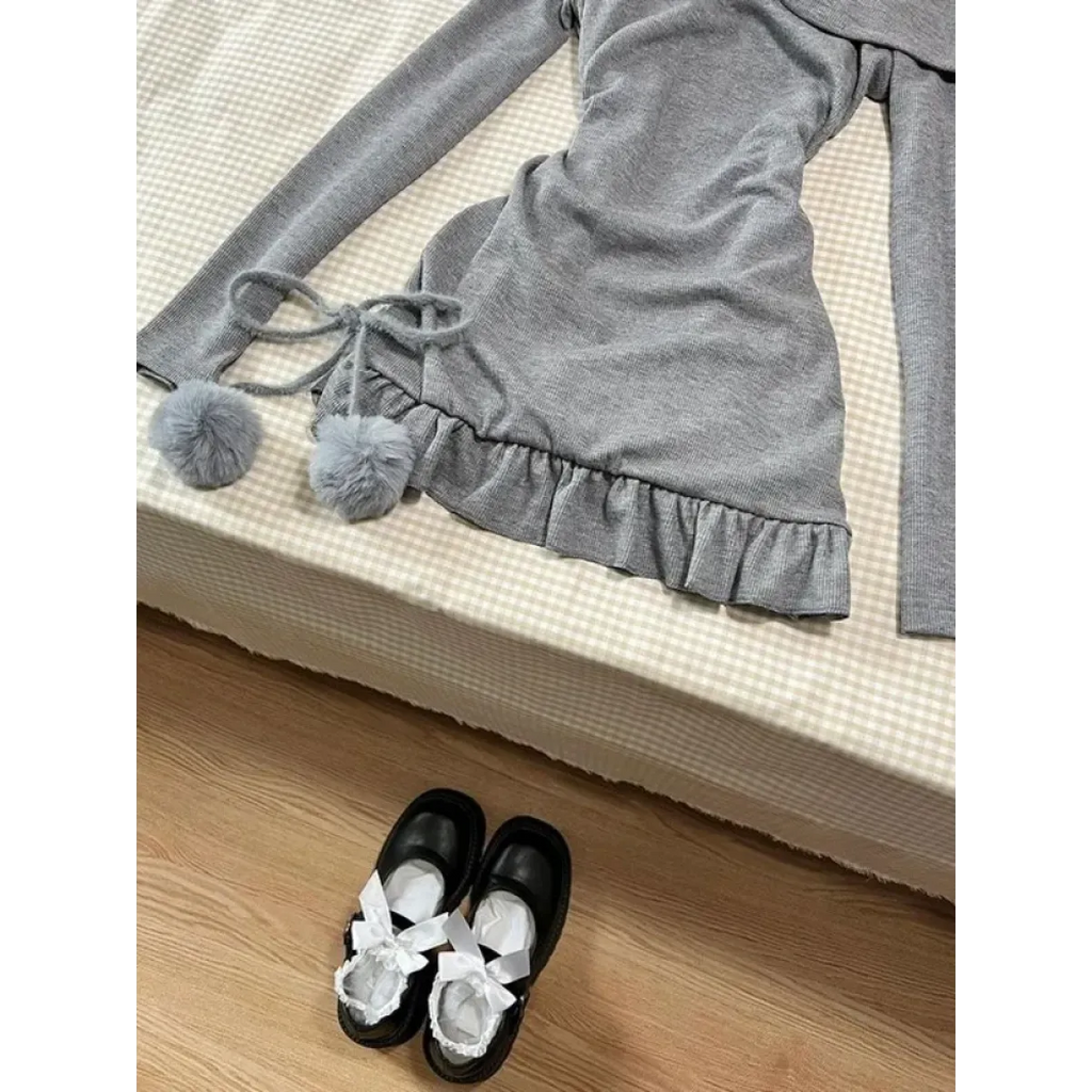 Lace Trim Knit Off-Shoulder Dress Set - All Dresses - Sets / Co-ords - 5