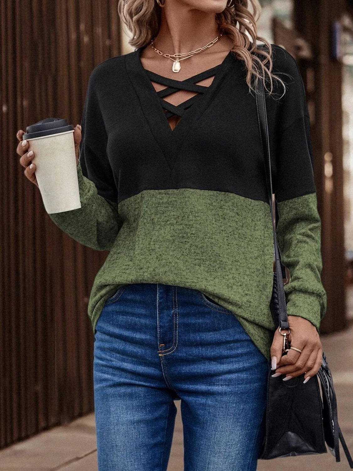 Two-Tone Crisscross Detail Sweatshirt - T-Shirts - Shirts & Tops - 16 - 2024