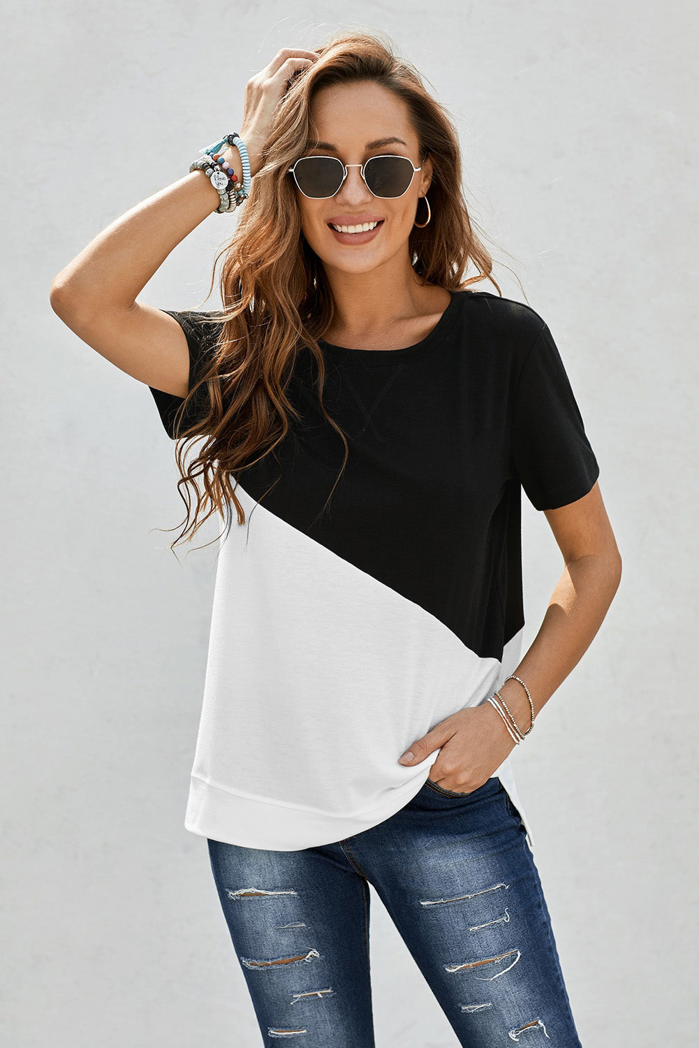 Two-Tone Round Neck Tee - T-Shirts - Shirts & Tops - 4 - 2024