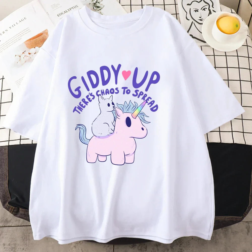 ’Giddy Up There’s Chaos To Spread’ - Unicorn Oversized Tee - White / XS - T-Shirts - Clothing Tops - 5 - 2024