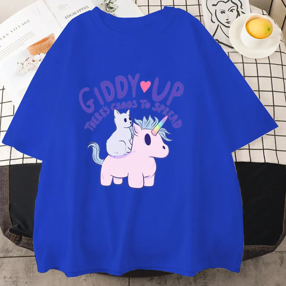 ’Giddy Up There’s Chaos To Spread’ - Unicorn Oversized Tee - Blue / XS - T-Shirts - Clothing Tops - 9 - 2024