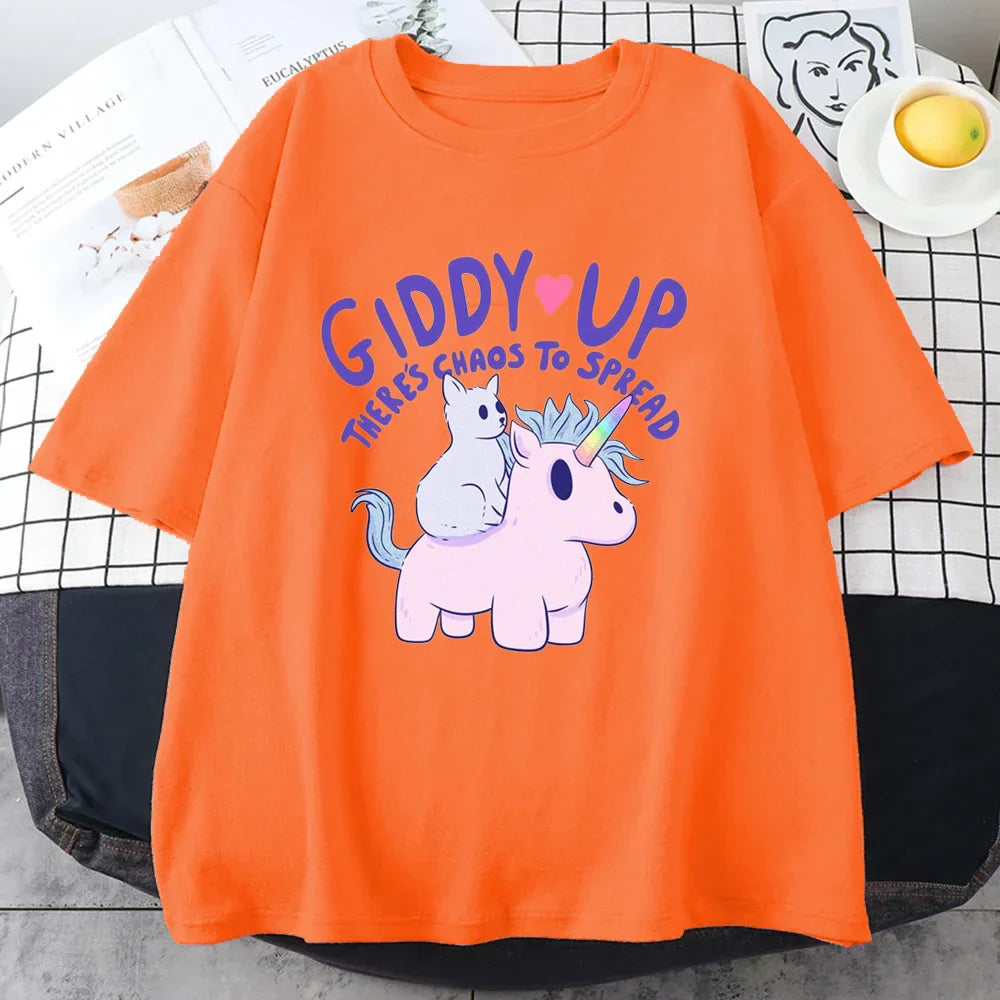 ’Giddy Up There’s Chaos To Spread’ - Unicorn Oversized Tee - Orange / XS - T-Shirts - Clothing Tops - 7 - 2024