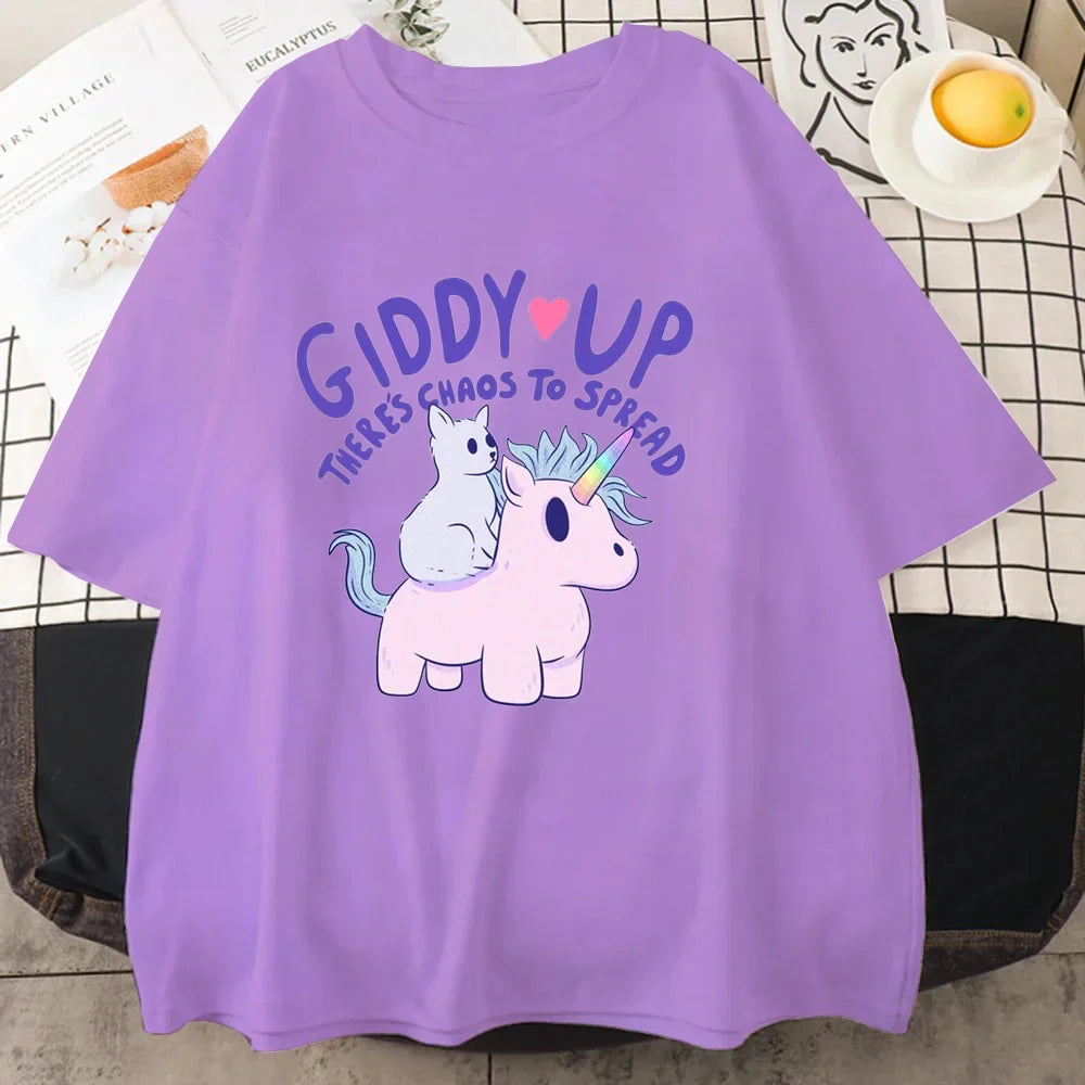 ’Giddy Up There’s Chaos To Spread’ - Unicorn Oversized Tee - Purple / XS - T-Shirts - Clothing Tops - 8 - 2024