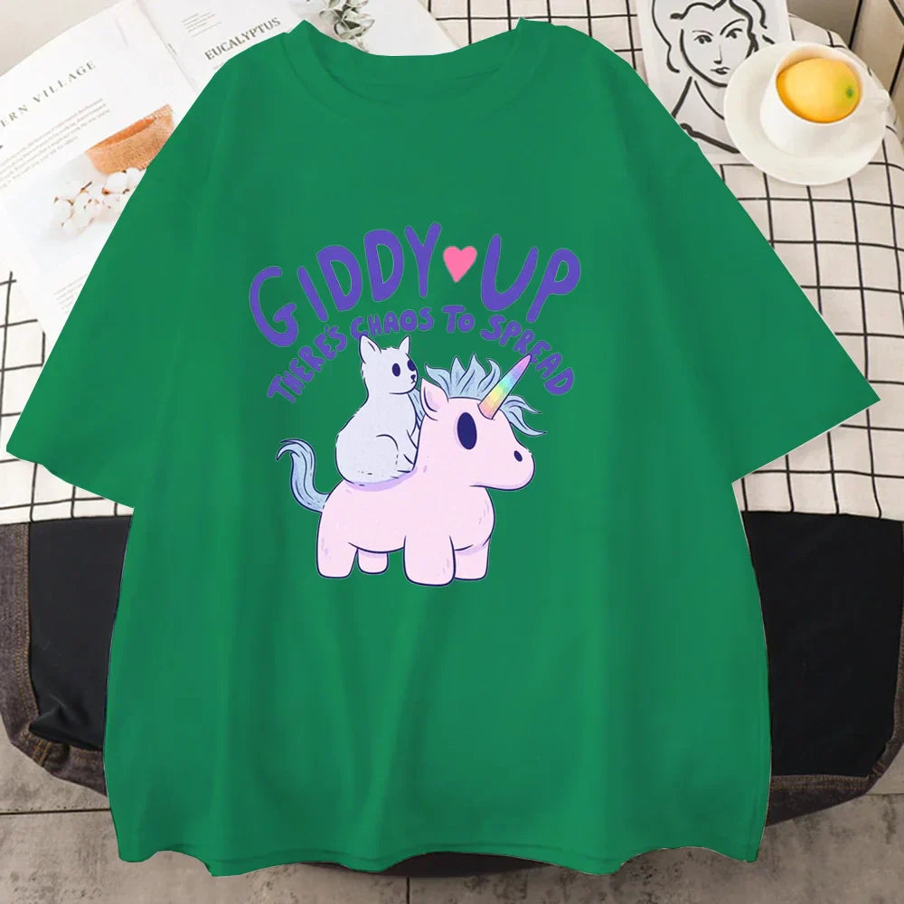 ’Giddy Up There’s Chaos To Spread’ - Unicorn Oversized Tee - Green / XS - T-Shirts - Clothing Tops - 11 - 2024