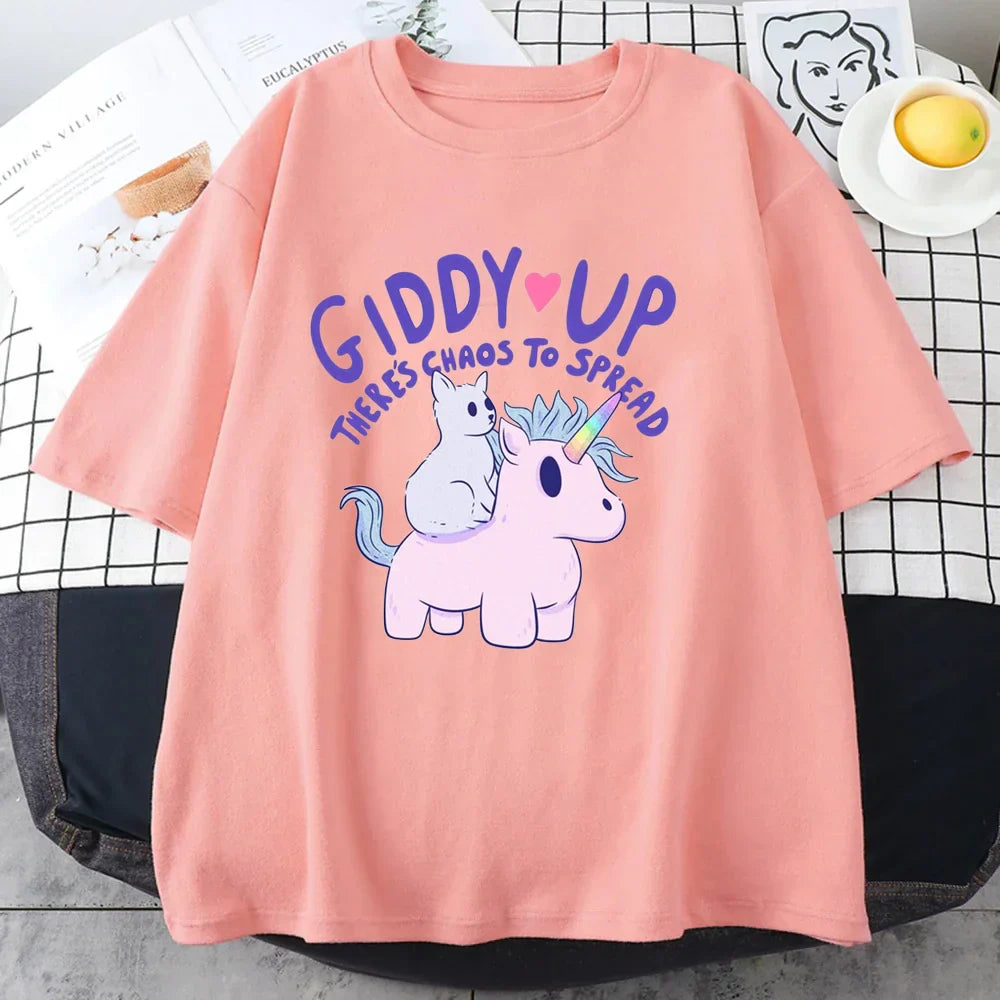 ’Giddy Up There’s Chaos To Spread’ - Unicorn Oversized Tee - Pink / XS - T-Shirts - Clothing Tops - 6 - 2024