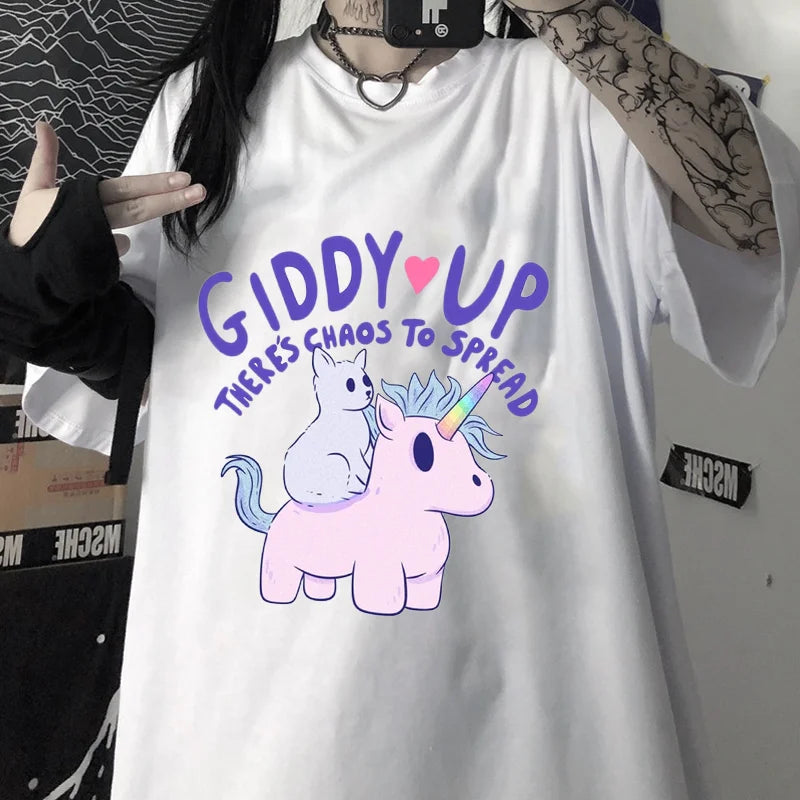 ’Giddy Up There’s Chaos To Spread’ - Unicorn Oversized Tee - T-Shirts - Clothing Tops - 1 - 2024