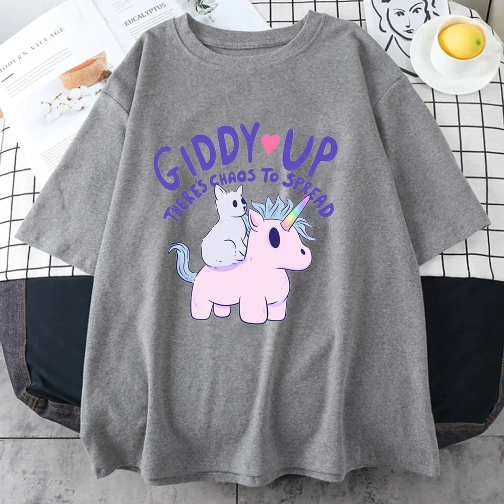 ’Giddy Up There’s Chaos To Spread’ - Unicorn Oversized Tee - Gray / XS - T-Shirts - Clothing Tops - 10 - 2024