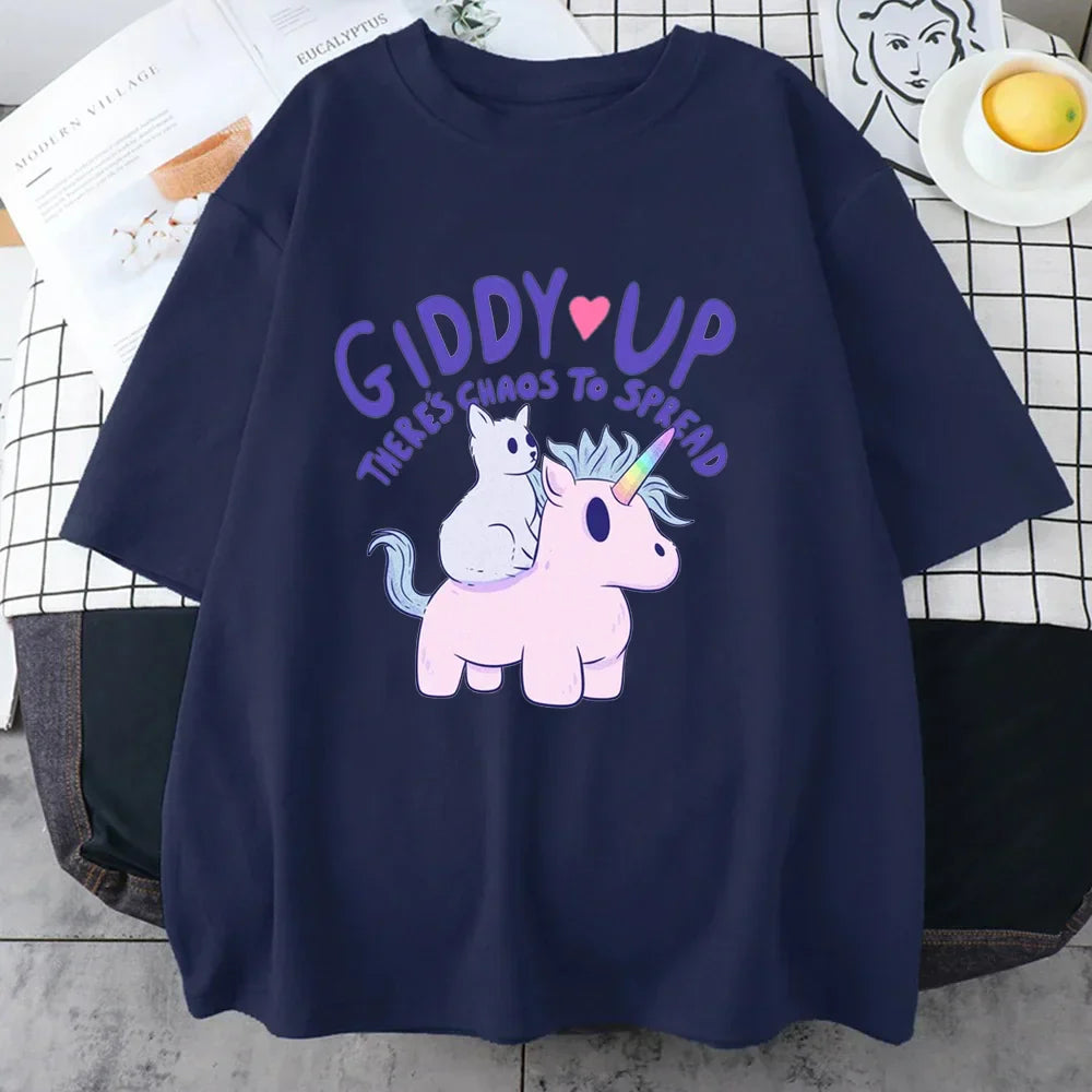 ’Giddy Up There’s Chaos To Spread’ - Unicorn Oversized Tee - Dark Blue / XS - T-Shirts - Clothing Tops - 4 - 2024