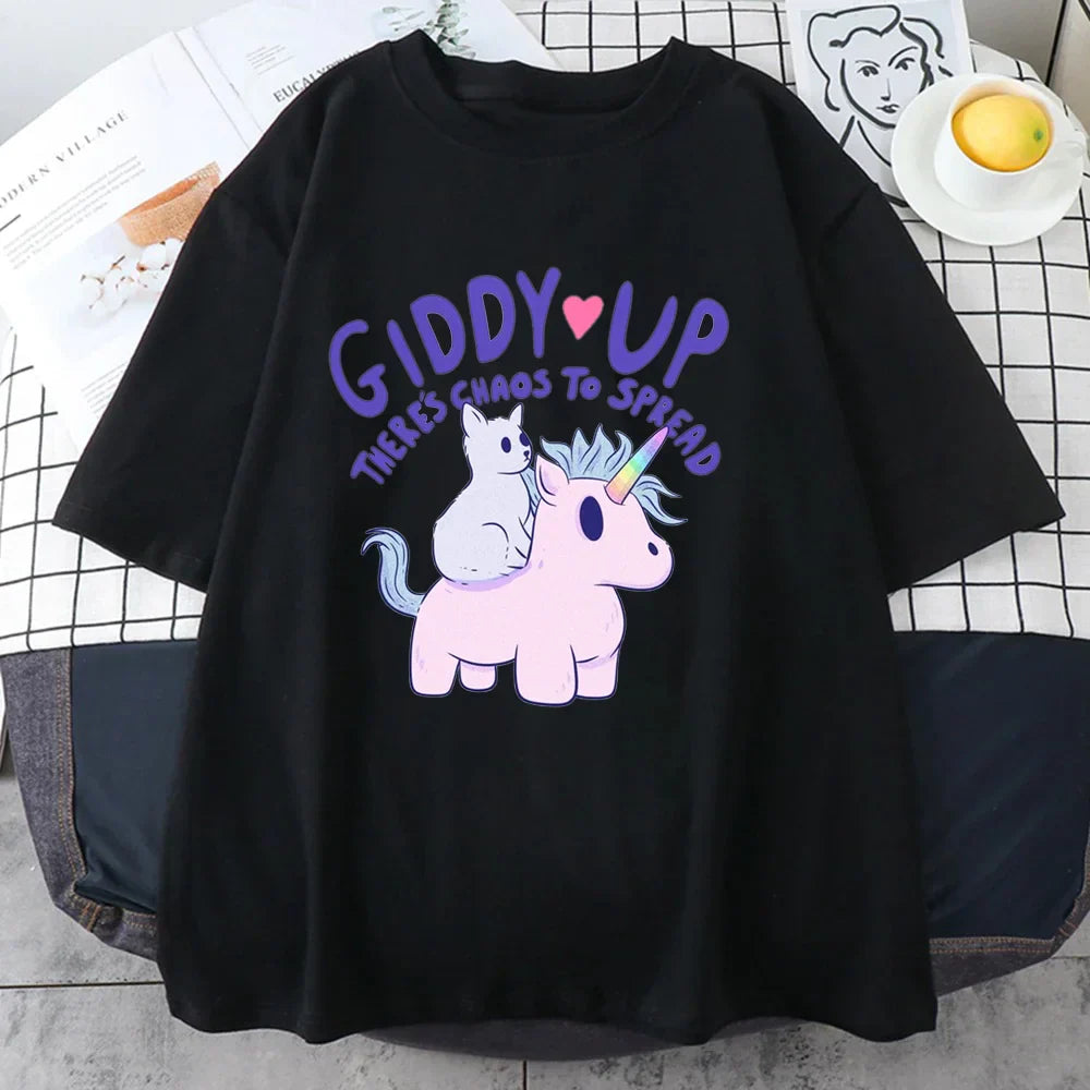 ’Giddy Up There’s Chaos To Spread’ - Unicorn Oversized Tee - Black / XS - T-Shirts - Clothing Tops - 3 - 2024