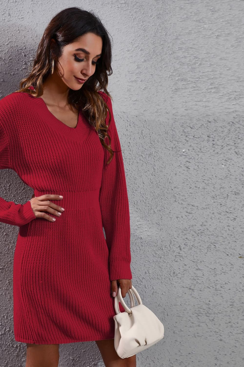 V-Neck Long Sleeve Rib-Knit Sweater Dress - All Dresses - Dresses - 9 - 2024