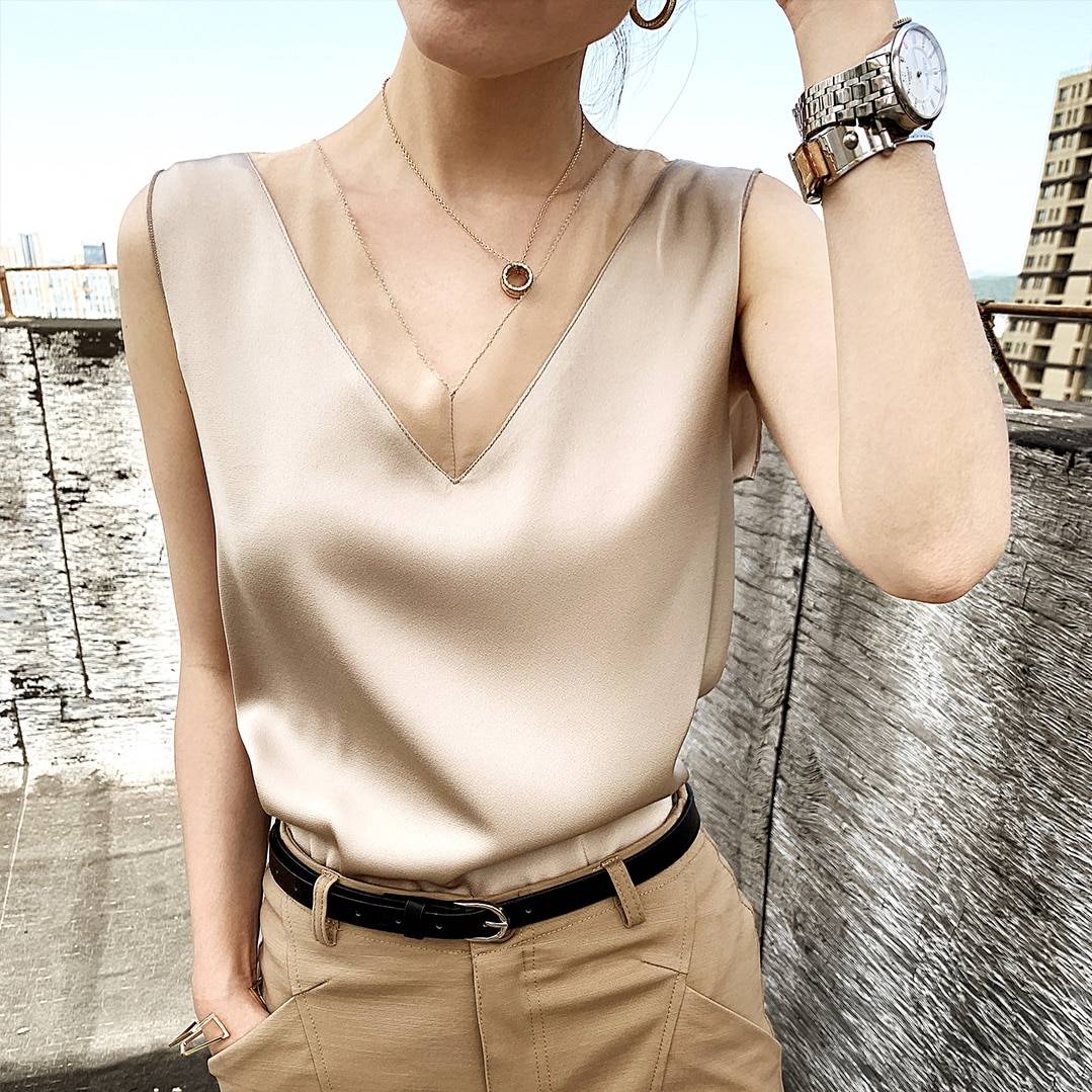 V-Neck Sleeveless Silk Top - XXXL / Champagne - Women’s Clothing & Accessories - Shirts & Tops - 19 - 2024