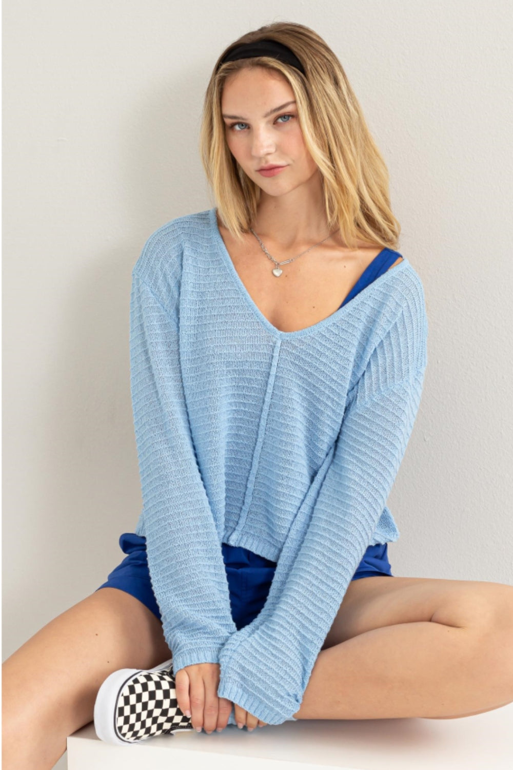 V-Neck Stripe Texture Long Sleeve Top - Blue / S - Tops & Tees - Clothing Tops - 1 - 2024