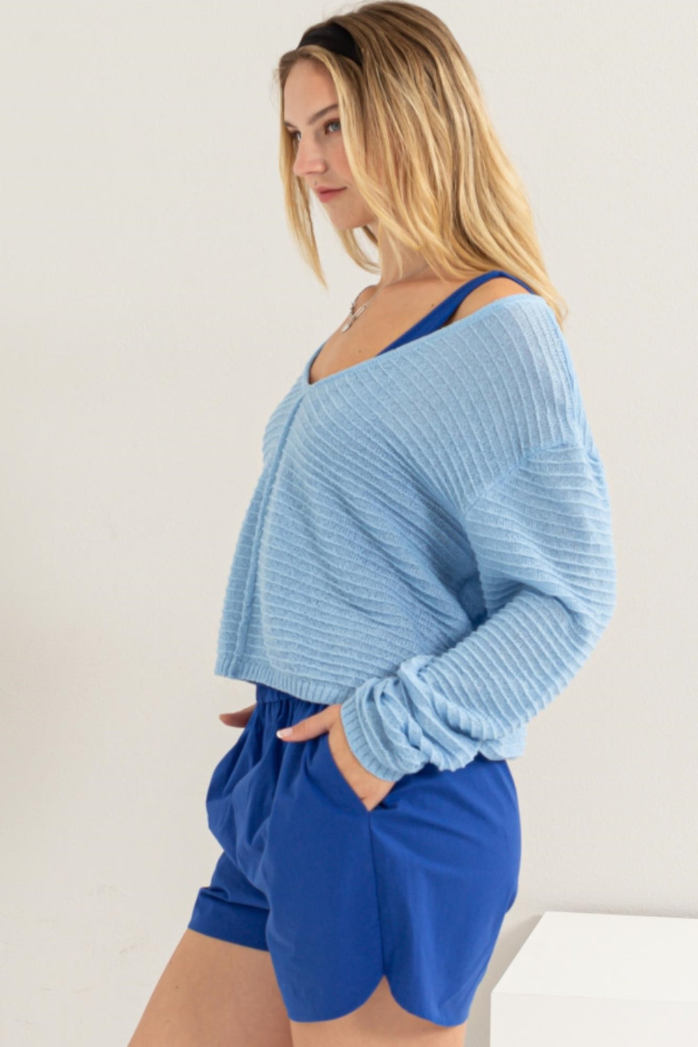 V-Neck Stripe Texture Long Sleeve Top - Tops & Tees - Clothing Tops - 3 - 2024