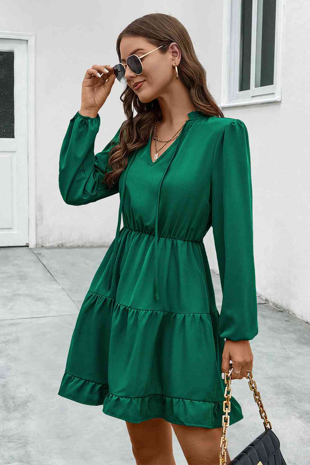 V-Neck Tie Neck Long Sleeve Dress - All Dresses - Dresses - 3 - 2024