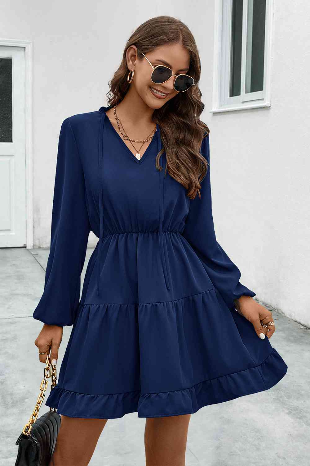 V-Neck Tie Neck Long Sleeve Dress - Navy / S - All Dresses - Dresses - 5 - 2024