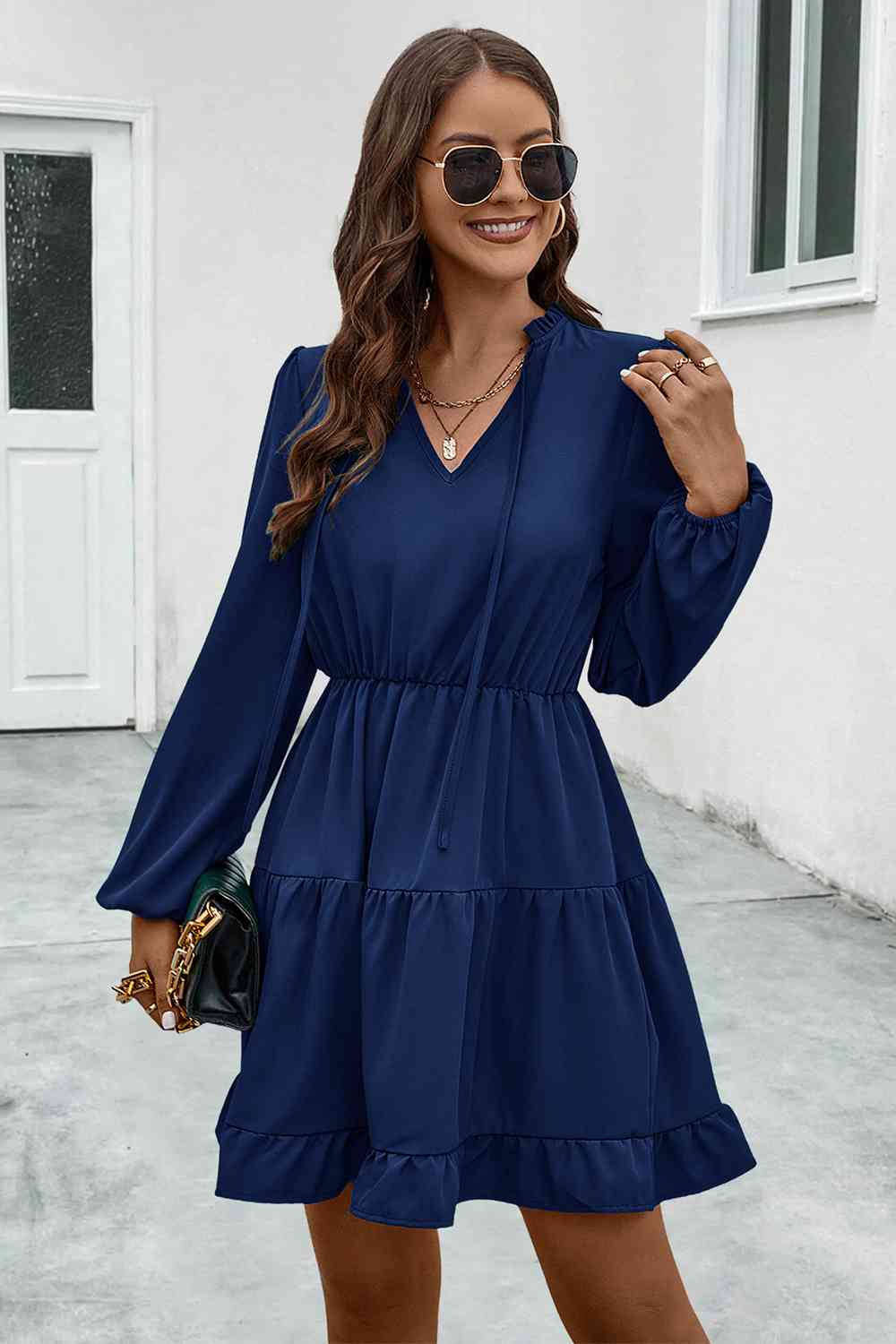 V-Neck Tie Neck Long Sleeve Dress - All Dresses - Dresses - 6 - 2024