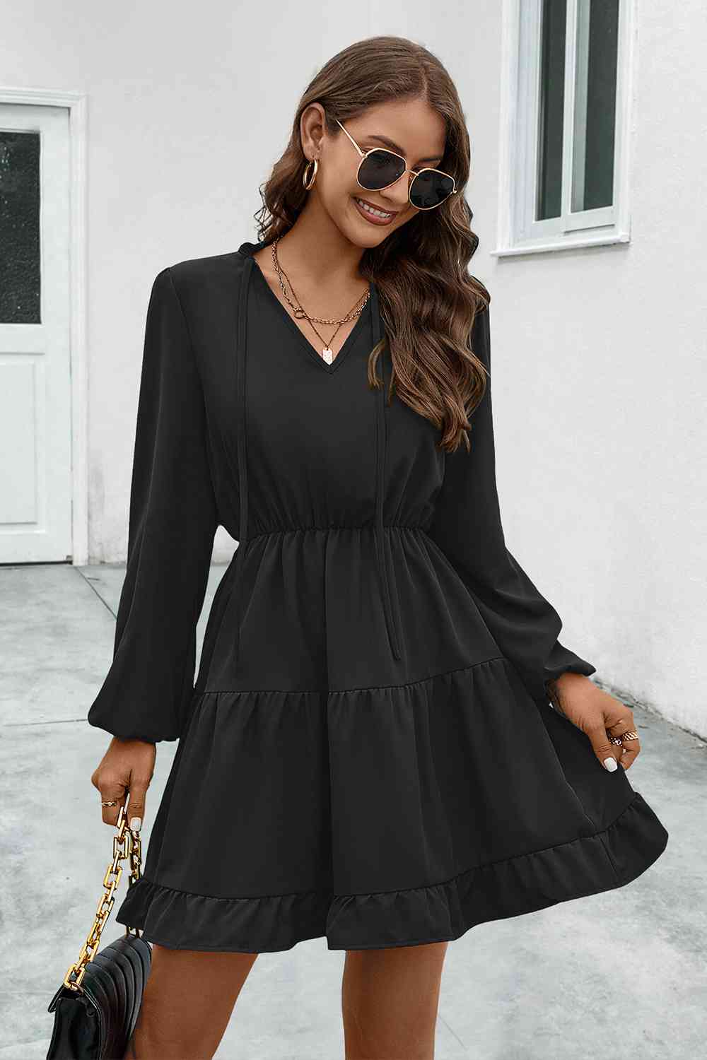 V-Neck Tie Neck Long Sleeve Dress - Black / S - All Dresses - Dresses - 9 - 2024