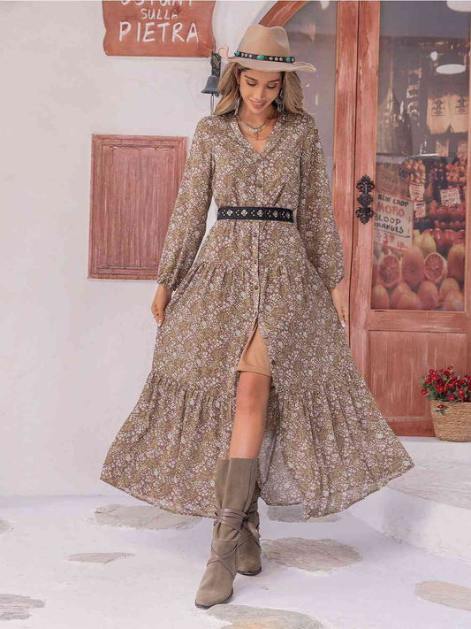 Floral Button Up V-Neck Tiered Dress - Floral / S - All Dresses - Dresses - 1 - 2024