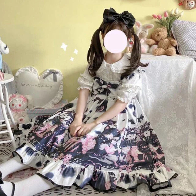 Victorian Gothic Lolita Dress - Cat Print Bow - All Dresses - Dresses - 5 - 2024